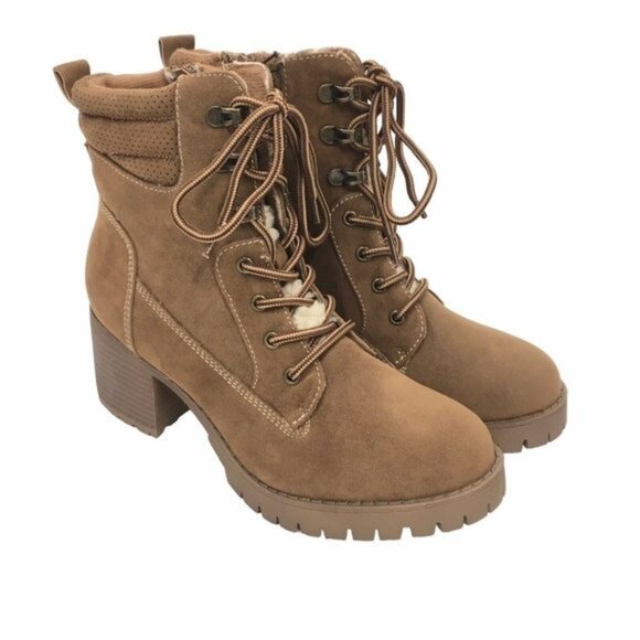 pop Shoes - Chunky Heeled Boots Y2K 90s Lug Sole Women 7.5 M Lace Up Shearling Accent Zipper